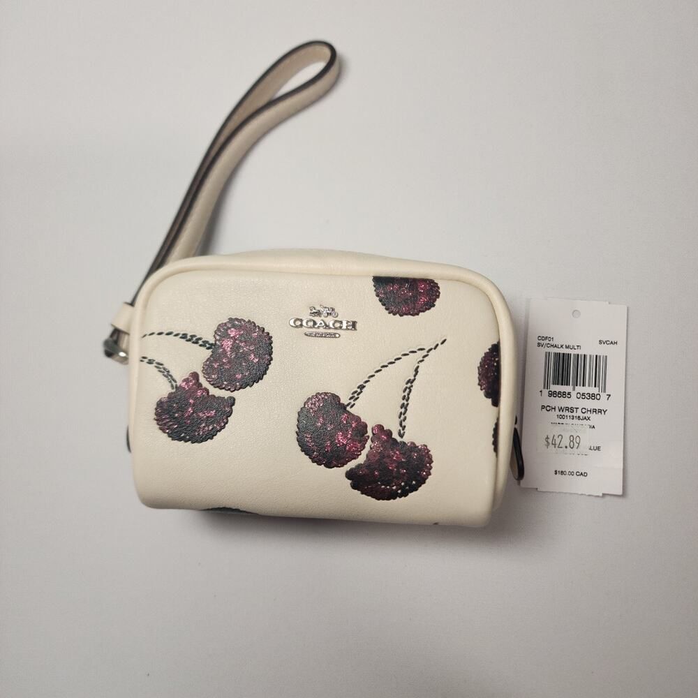 NWT Coach CDF01 Pouch Wristlet With Cherry Print Chalk
